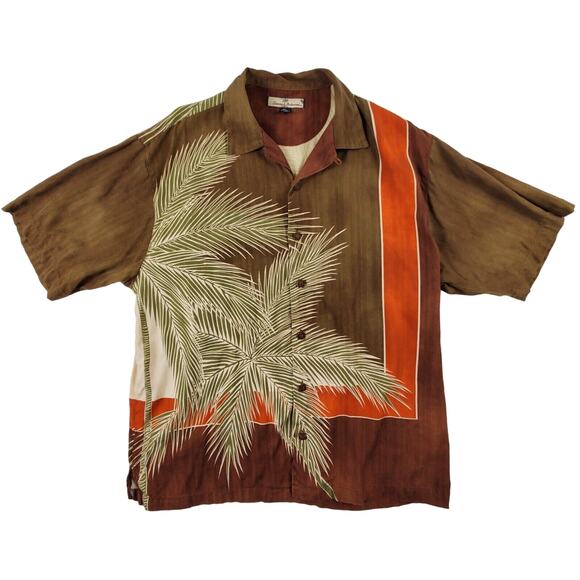 Tommy Bahama Mens Hawaiian Button Up Brown Green Palm Trees Shirt Silk Shirt M - Picture 1 of 9